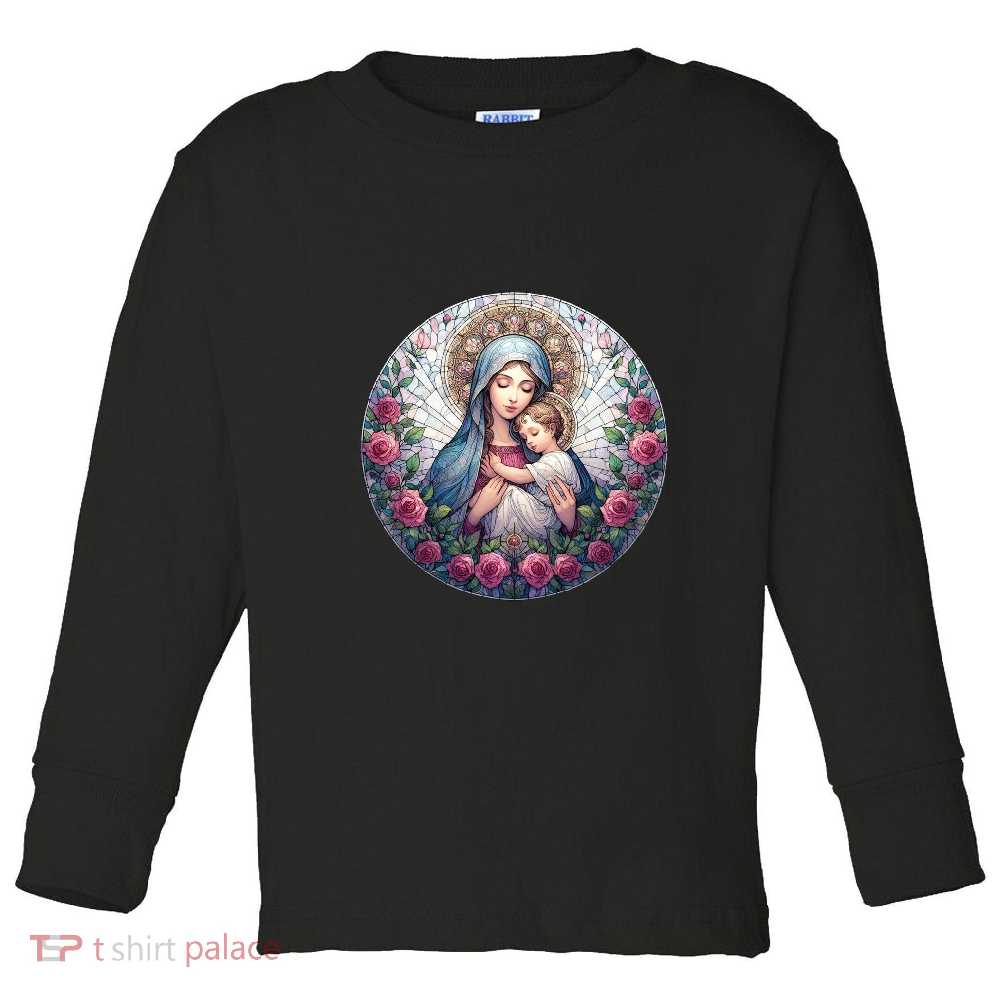 Mother Mary Stained Glass Collection: Roses Mary And Jesus Catholic Christian Toddler Long Sleeve Shirt