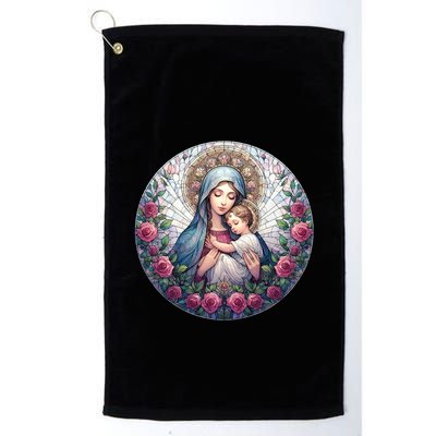 Mother Mary Stained Glass Collection: Roses Mary And Jesus Catholic Christian Golf Towel
