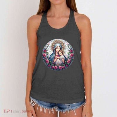 Mother Mary Stained Glass Collection: Roses Mary And Jesus Catholic Christian Women's Knotted Racerback Tank