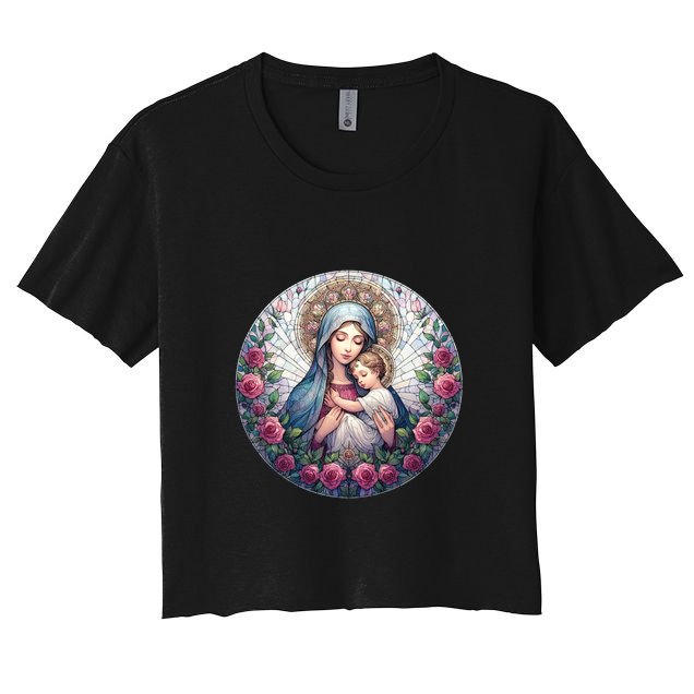 Mother Mary Stained Glass Collection: Roses Mary And Jesus Catholic Christian Crop Top