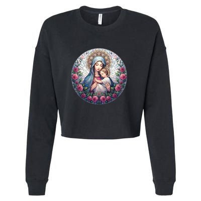 Mother Mary Stained Glass Collection: Roses Mary And Jesus Catholic Christian Cropped Pullover Crew