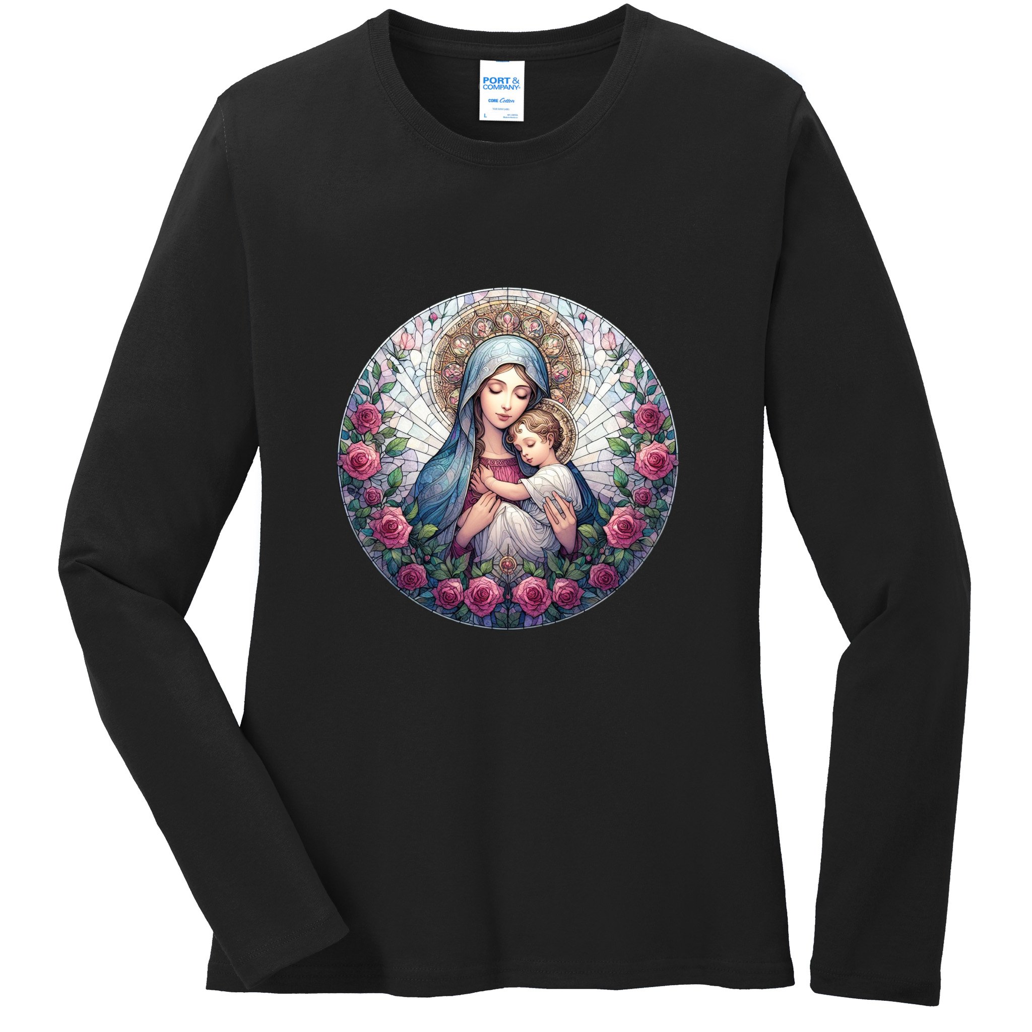 Mother Mary Stained Glass Collection: Roses Mary And Jesus Catholic Christian Ladies Long Sleeve Shirt