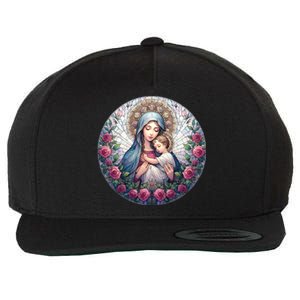 Mother Mary Stained Glass Collection: Roses Mary And Jesus Catholic Christian Wool Snapback Cap