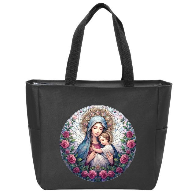 Mother Mary Stained Glass Collection: Roses Mary And Jesus Catholic Christian Zip Tote Bag