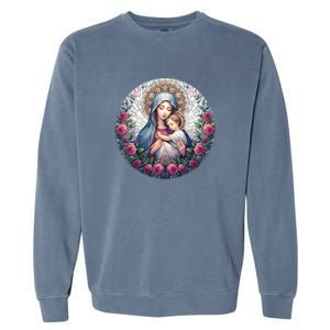 Mother Mary Stained Glass Collection: Roses Mary And Jesus Catholic Christian Garment-Dyed Sweatshirt