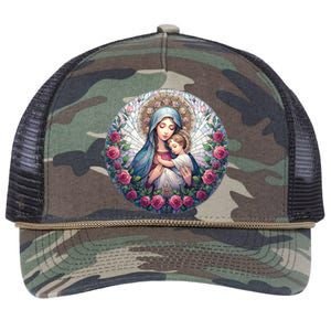 Mother Mary Stained Glass Collection: Roses Mary And Jesus Catholic Christian Retro Rope Trucker Hat Cap