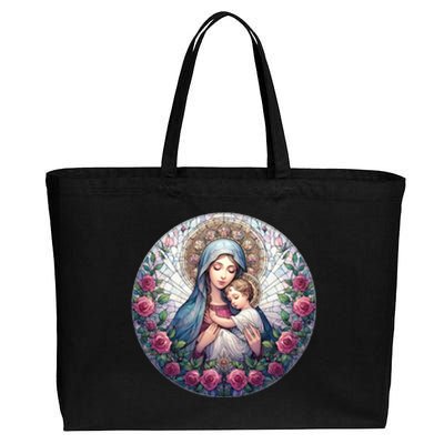 Mother Mary Stained Glass Collection: Roses Mary And Jesus Catholic Christian Cotton Canvas Jumbo Tote