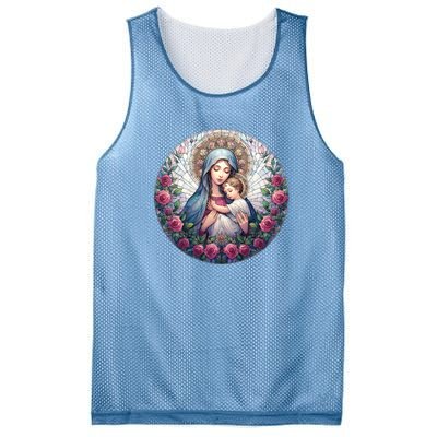 Mother Mary Stained Glass Collection: Roses Mary And Jesus Catholic Christian Mesh Reversible Basketball Jersey Tank