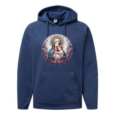 Mother Mary Stained Glass Collection: Roses Mary And Jesus Catholic Christian Performance Fleece Hoodie