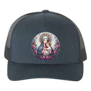 Mother Mary Stained Glass Collection: Roses Mary And Jesus Catholic Christian Yupoong Adult 5-Panel Trucker Hat