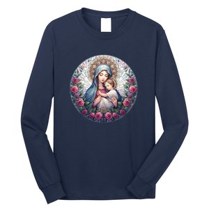 Mother Mary Stained Glass Collection: Roses Mary And Jesus Catholic Christian Long Sleeve Shirt