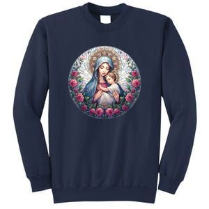 Mother Mary Stained Glass Collection: Roses Mary And Jesus Catholic Christian Sweatshirt