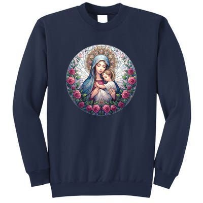 Mother Mary Stained Glass Collection: Roses Mary And Jesus Catholic Christian Sweatshirt