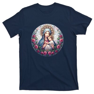 Mother Mary Stained Glass Collection: Roses Mary And Jesus Catholic Christian T-Shirt