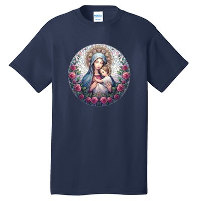 Mother Mary Stained Glass Collection: Roses Mary And Jesus Catholic Christian Tall T-Shirt