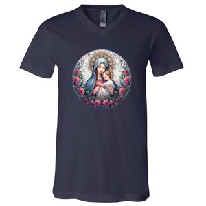 Mother Mary Stained Glass Collection: Roses Mary And Jesus Catholic Christian V-Neck T-Shirt