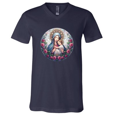 Mother Mary Stained Glass Collection: Roses Mary And Jesus Catholic Christian V-Neck T-Shirt