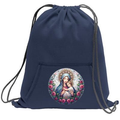 Mother Mary Stained Glass Collection: Roses Mary And Jesus Catholic Christian Sweatshirt Cinch Pack Bag