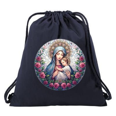 Mother Mary Stained Glass Collection: Roses Mary And Jesus Catholic Christian Drawstring Bag