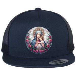 Mother Mary Stained Glass Collection: Roses Mary And Jesus Catholic Christian Flat Bill Trucker Hat