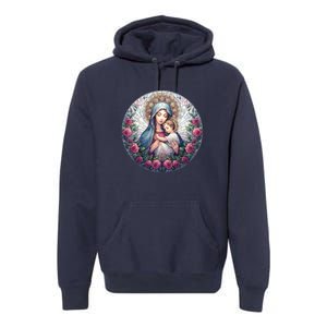 Mother Mary Stained Glass Collection: Roses Mary And Jesus Catholic Christian Premium Hoodie