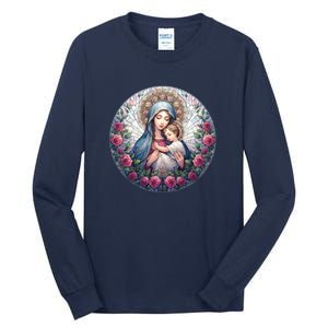 Mother Mary Stained Glass Collection: Roses Mary And Jesus Catholic Christian Tall Long Sleeve T-Shirt