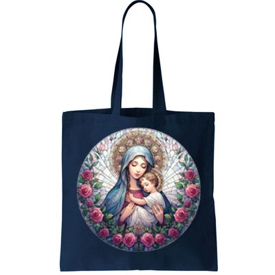 Mother Mary Stained Glass Collection: Roses Mary And Jesus Catholic Christian Tote Bag