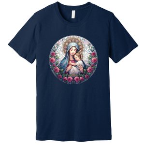 Mother Mary Stained Glass Collection: Roses Mary And Jesus Catholic Christian Premium T-Shirt