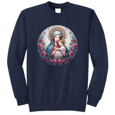 Mother Mary Stained Glass Collection: Roses Mary And Jesus Catholic Christian Tall Sweatshirt