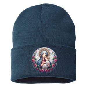 Mother Mary Stained Glass Collection: Roses Mary And Jesus Catholic Christian Sustainable Knit Beanie