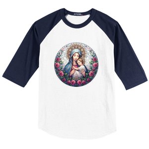 Mother Mary Stained Glass Collection: Roses Mary And Jesus Catholic Christian Baseball Sleeve Shirt