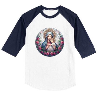 Mother Mary Stained Glass Collection: Roses Mary And Jesus Catholic Christian Baseball Sleeve Shirt