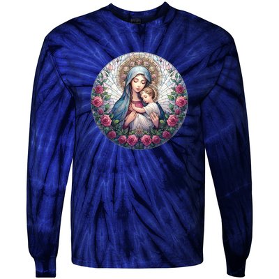 Mother Mary Stained Glass Collection: Roses Mary And Jesus Catholic Christian Tie-Dye Long Sleeve Shirt