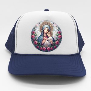 Mother Mary Stained Glass Collection: Roses Mary And Jesus Catholic Christian Trucker Hat