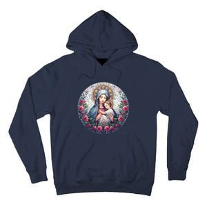 Mother Mary Stained Glass Collection: Roses Mary And Jesus Catholic Christian Tall Hoodie