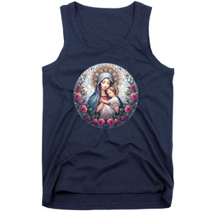 Mother Mary Stained Glass Collection: Roses Mary And Jesus Catholic Christian Tank Top