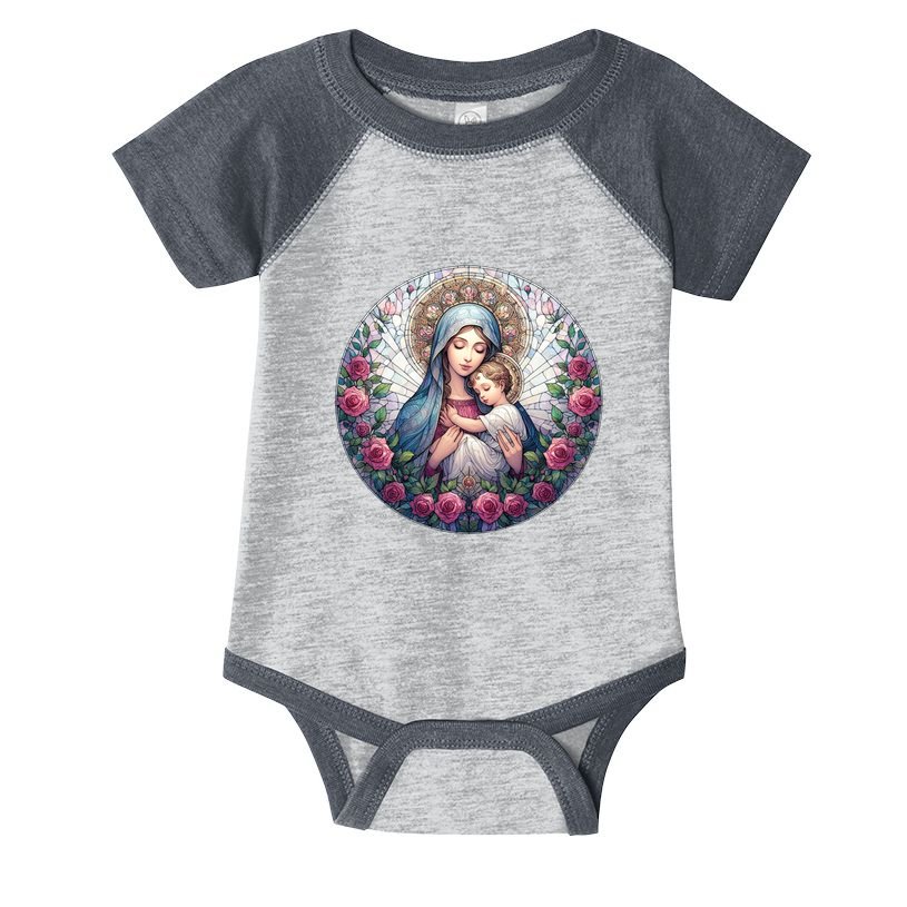 Mother Mary Stained Glass Collection: Roses Mary And Jesus Catholic Christian Infant Baby Jersey Bodysuit