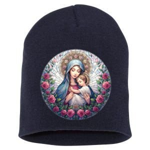 Mother Mary Stained Glass Collection: Roses Mary And Jesus Catholic Christian Short Acrylic Beanie