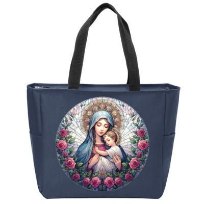 Mother Mary Stained Glass Collection: Roses Mary And Jesus Catholic Christian Zip Tote Bag