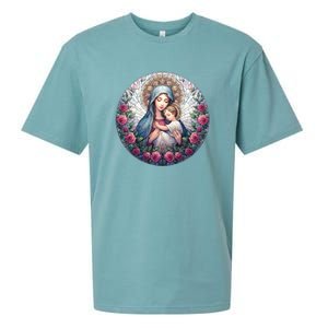 Mother Mary Stained Glass Collection: Roses Mary And Jesus Catholic Christian Sueded Cloud Jersey T-Shirt