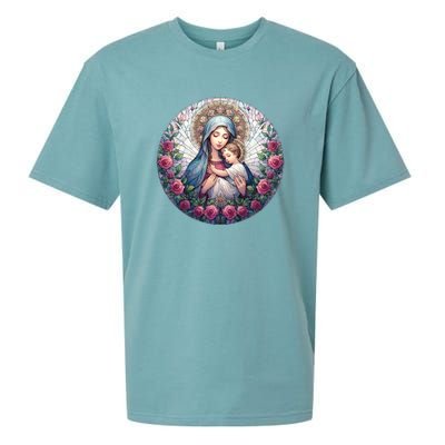 Mother Mary Stained Glass Collection: Roses Mary And Jesus Catholic Christian Sueded Cloud Jersey T-Shirt