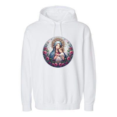 Mother Mary Stained Glass Collection: Roses Mary And Jesus Catholic Christian Garment-Dyed Fleece Hoodie