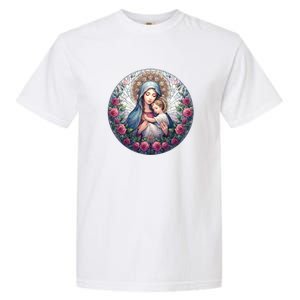 Mother Mary Stained Glass Collection: Roses Mary And Jesus Catholic Christian Garment-Dyed Heavyweight T-Shirt