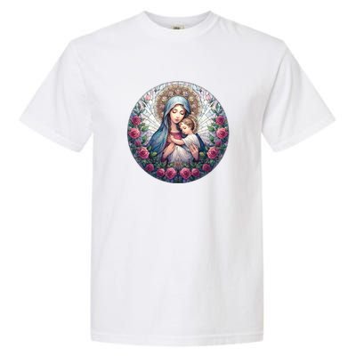 Mother Mary Stained Glass Collection: Roses Mary And Jesus Catholic Christian Garment-Dyed Heavyweight T-Shirt