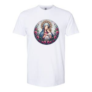 Mother Mary Stained Glass Collection: Roses Mary And Jesus Catholic Christian Softstyle CVC T-Shirt