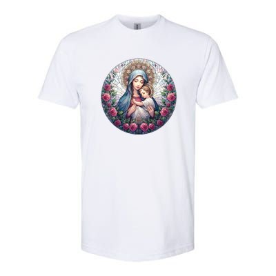 Mother Mary Stained Glass Collection: Roses Mary And Jesus Catholic Christian Softstyle® CVC T-Shirt