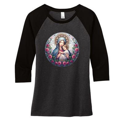 Mother Mary Stained Glass Collection: Roses Mary And Jesus Catholic Christian Women's Tri-Blend 3/4-Sleeve Raglan Shirt