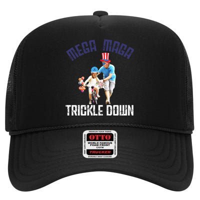 Mega Maga Trickle Down Patriotic American Funny Biden Quote High Crown Mesh Back Trucker Hat