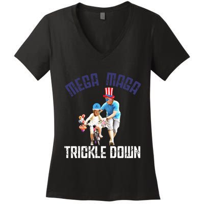 Mega Maga Trickle Down Patriotic American Funny Biden Quote Women's V-Neck T-Shirt