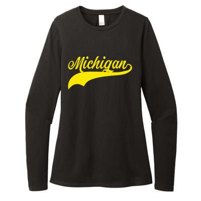 Michigan MI USA Vintage Varsity Style Maize Font Womens CVC Long Sleeve Shirt